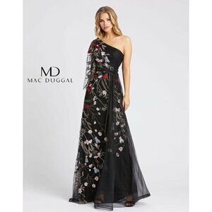 Mac Duggal 20124 Black Tulle Floral Embroidery Crystal One Shoulder SZ 6 New